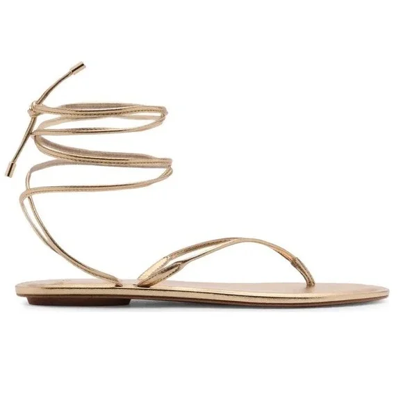 Mango MNG Womens Gold Metallic Wraparound Lace Up Flat Sandals Size 38 - Picture 6 of 14